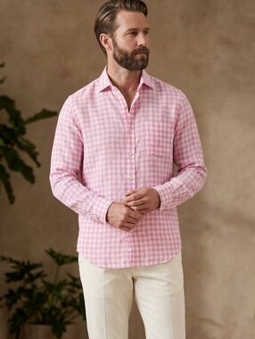 J. Mclaughlin Gramercy Linen Shirt Pink White Gingham Size Small